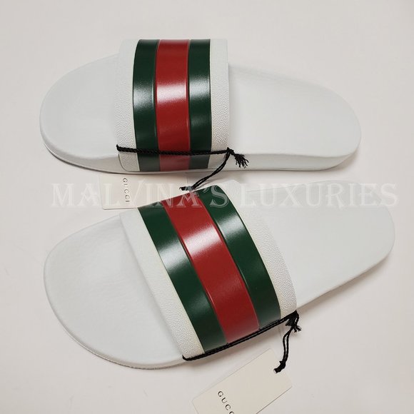 GUCCI SHOES MENS PURSUIT WHITE RUBBER SLIDE SANDAL w WEB DETAIL sz 9G 9.5 US - Picture 5 of 15